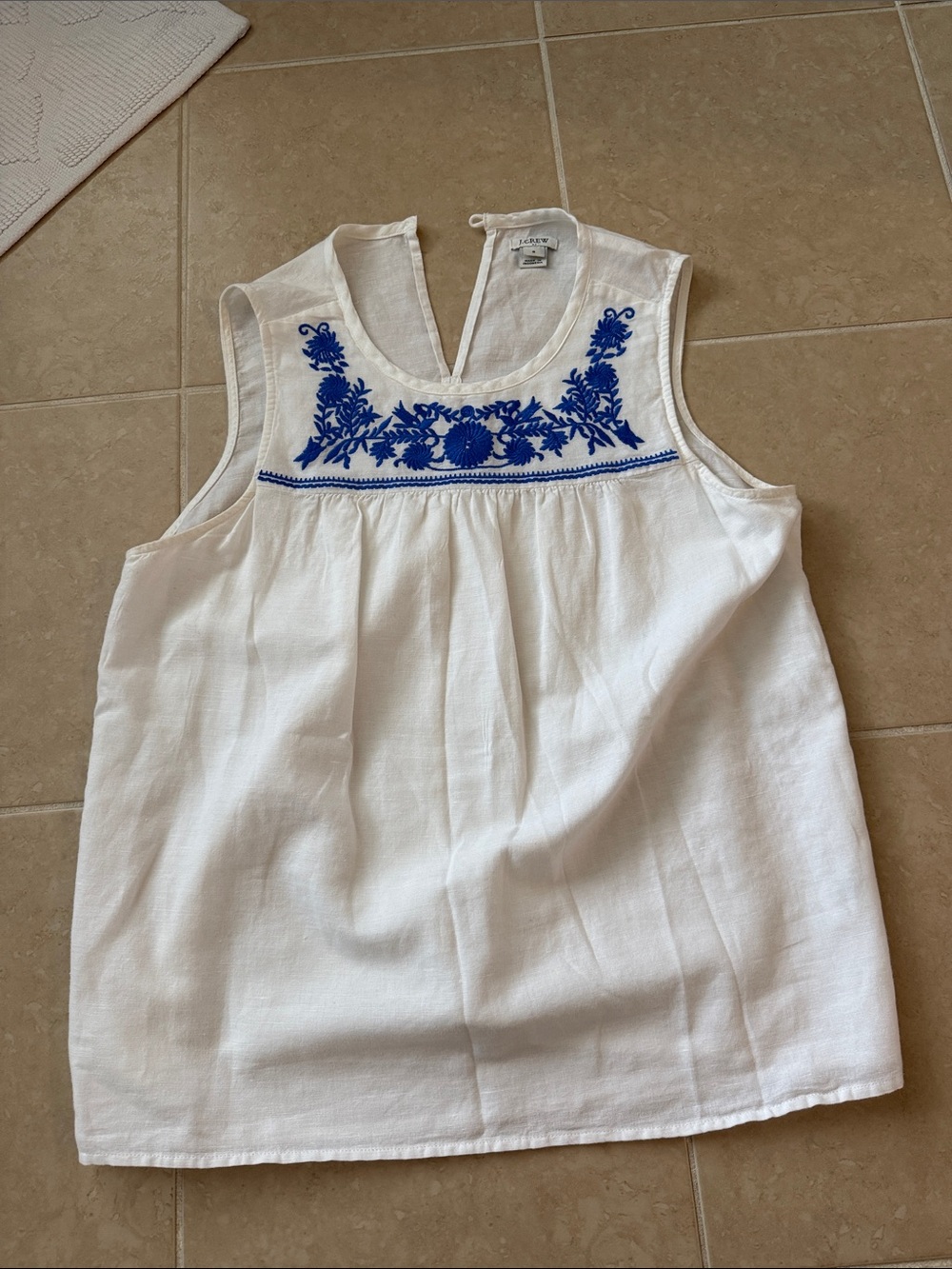 J. Crew Factory White Sleeveless Top with Royal Blue Embroidery